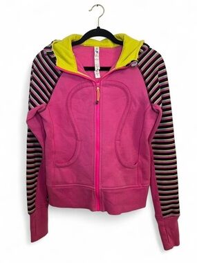 lululemon athletica Hot Pink Zip Hoodie with Lime Lining and Striped Sleeves